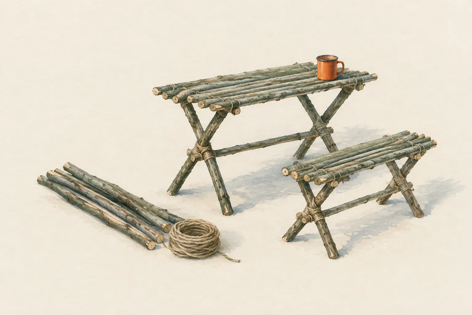 AI field study for “Lashing a camp table and bench from poles”