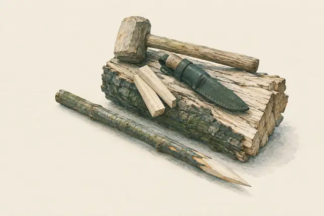 Herramientas de madera: palo cavador, maza y cuña de madera
