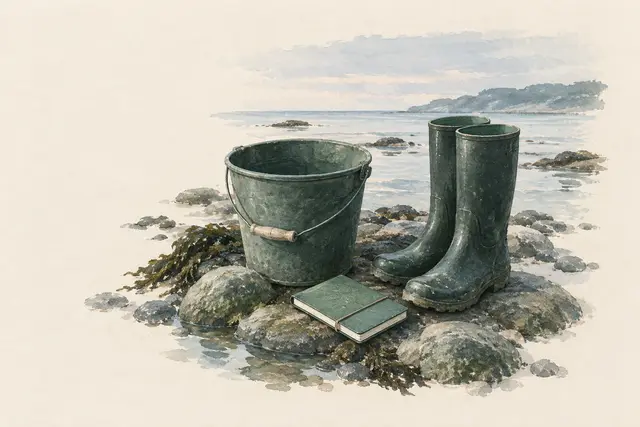 Mejillones, caracoles y algas en la costa