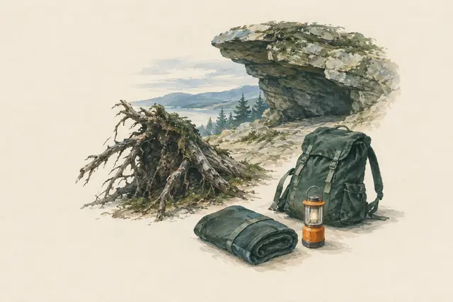 AI field study for “Natural shelters: rock overhang, root plate, terrain edge”