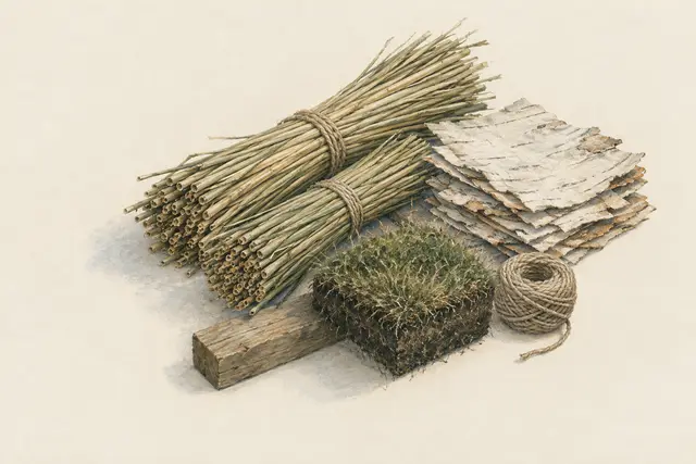 KI-Feldstudie zum Thema „Ein Hüttendach decken: Rinde, Schilf- oder Grasbündel, Grassoden“