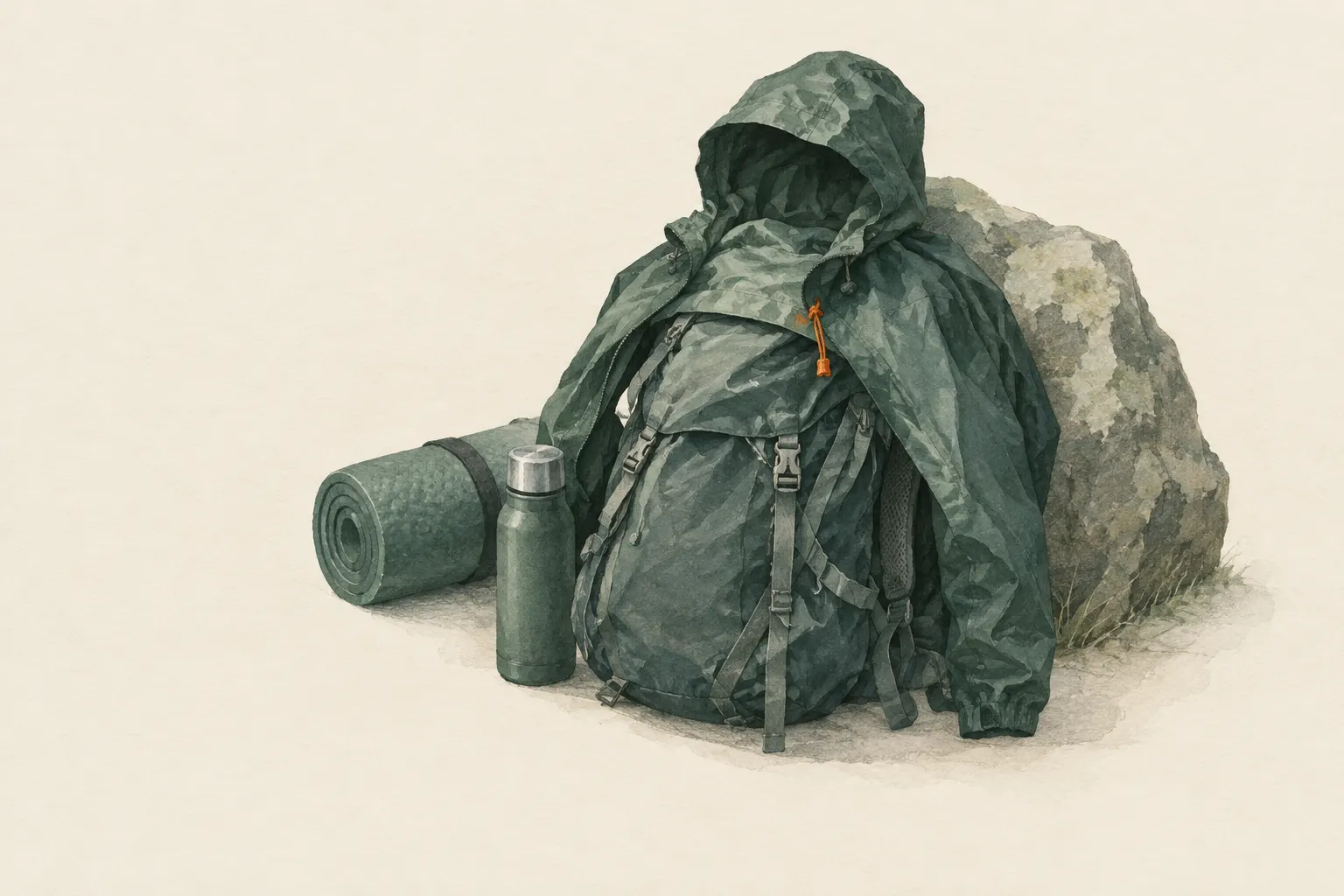 AI field study for “Sitting bivouac with backpack and rain gear”