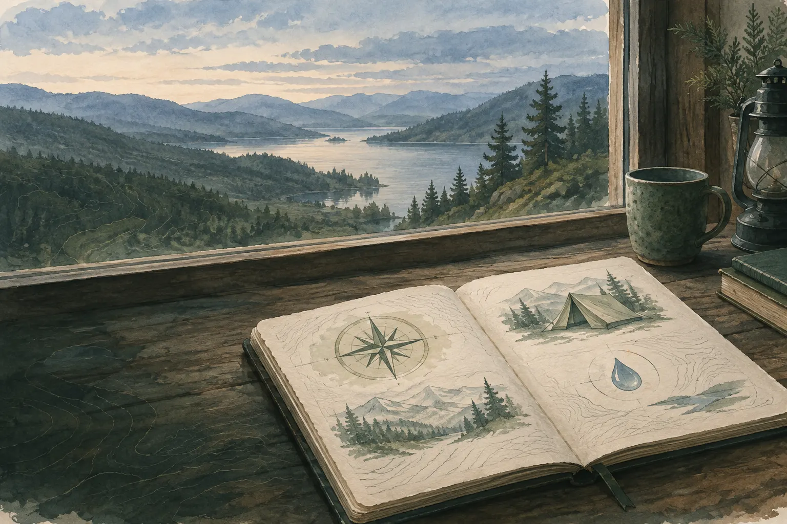 Cuaderno abierto con bocetos junto a una ventana con vistas a colinas boscosas