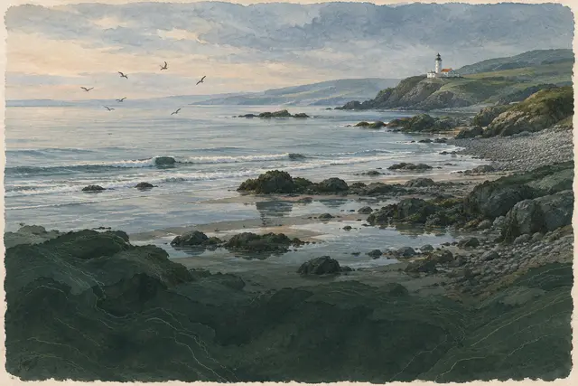 Costa rocosa con la marea baja y una playa de guijarros