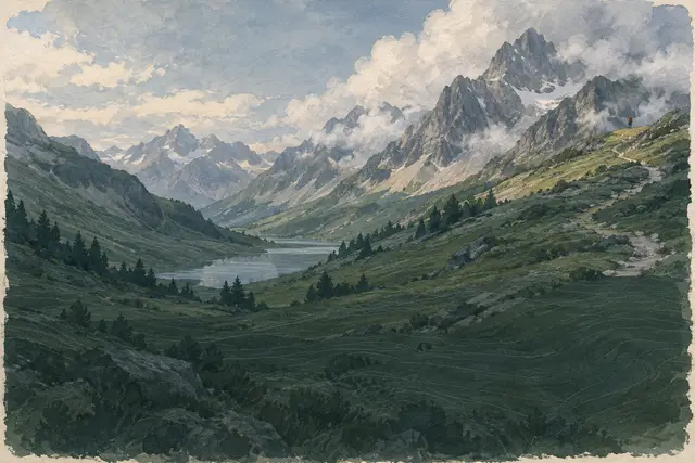 Valle alpino con cumbres y un sendero que cruza el prado
