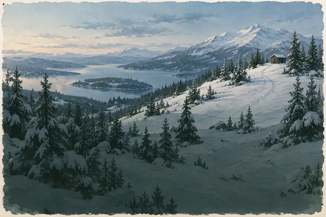 Paisaje invernal nevado con coníferas y una huella de esquí