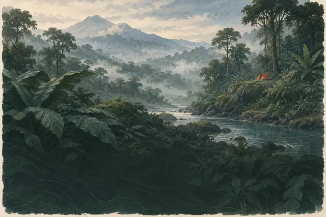 Selva tropical con un río y niebla