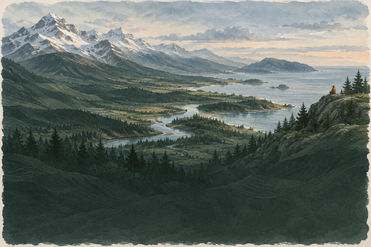 Amplio paisaje desde las montañas, pasando por el bosque y el valle del río, hasta la costa