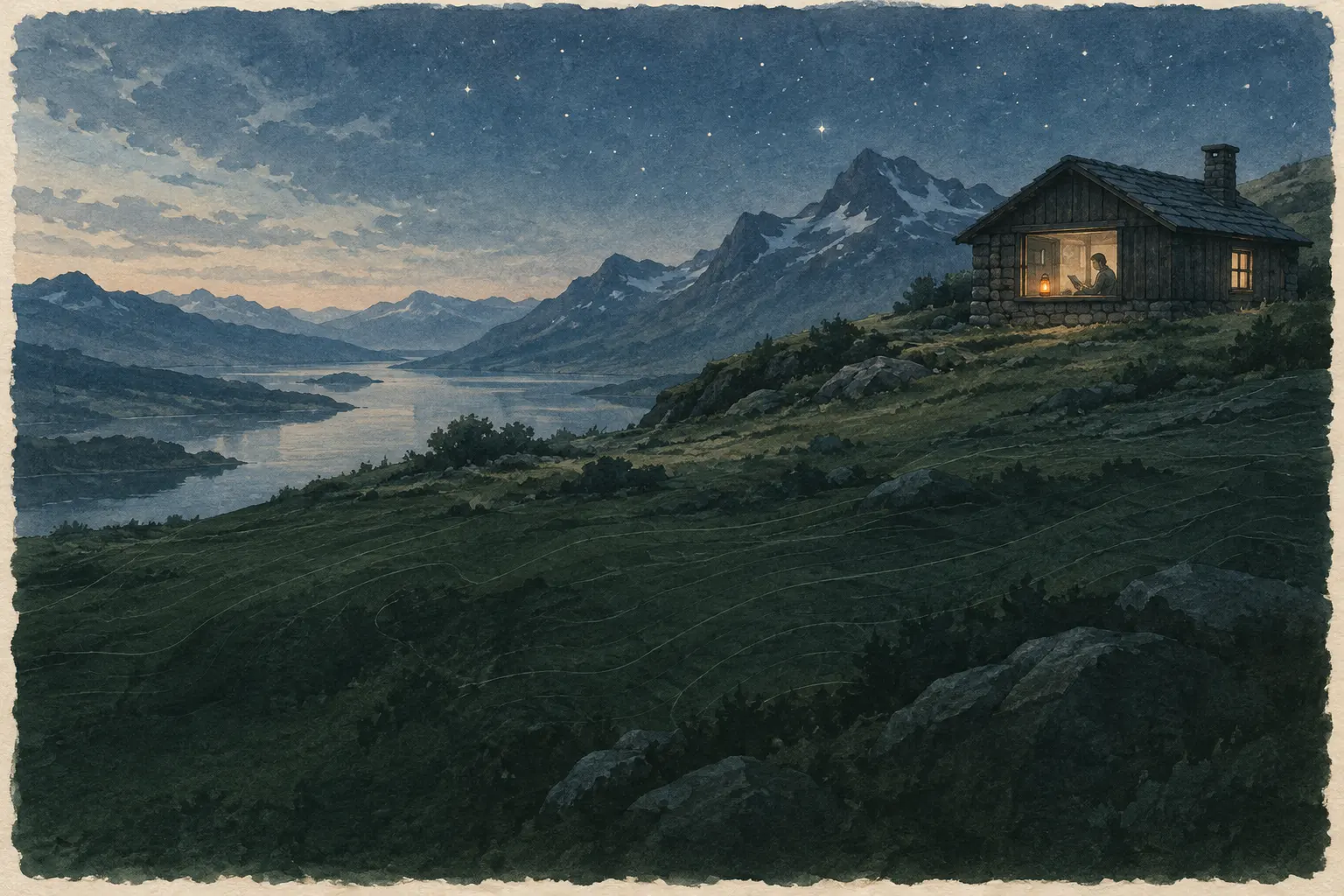 Refugio de montaña aislado de noche, dentro alguien lee en una tableta