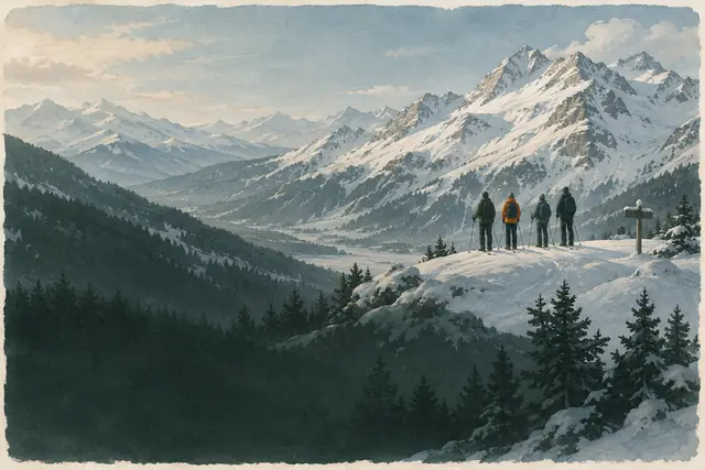 Grupo de esquí de travesía parado en una cresta plana y segura, mirando laderas nevadas empinadas
