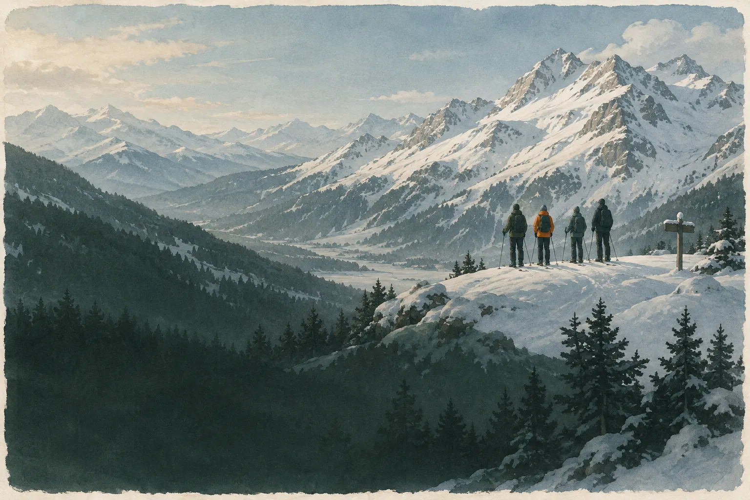 Skitourengruppe steht auf einem sicheren flachen Rücken und schaut auf steile Schneehänge