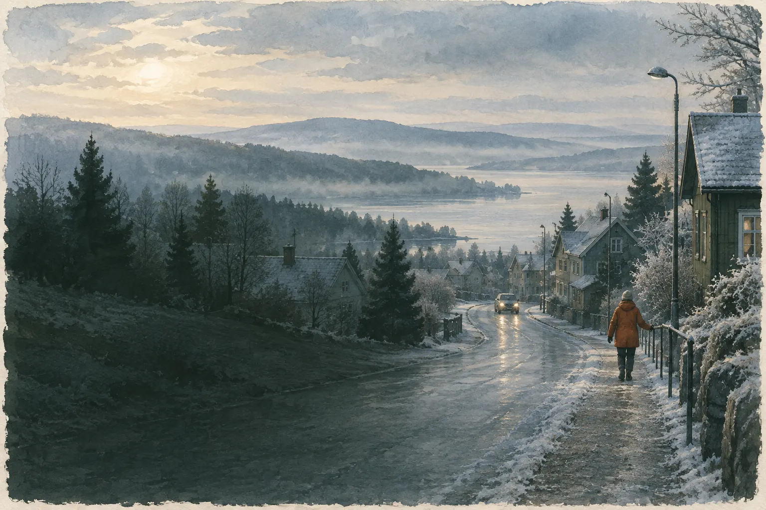 Frosty winter morning, a person walking carefully on a gritted path by a handrail