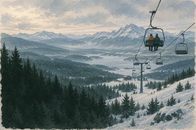 Telesilla detenido sobre una pista nevada, dos personas sentadas muy juntas con la barra de seguridad bajada