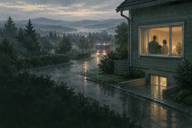 Casa bajo la lluvia, agua en la ventana del sótano, una familia a salvo en una ventana de la planta baja, llega un camión de bomberos
