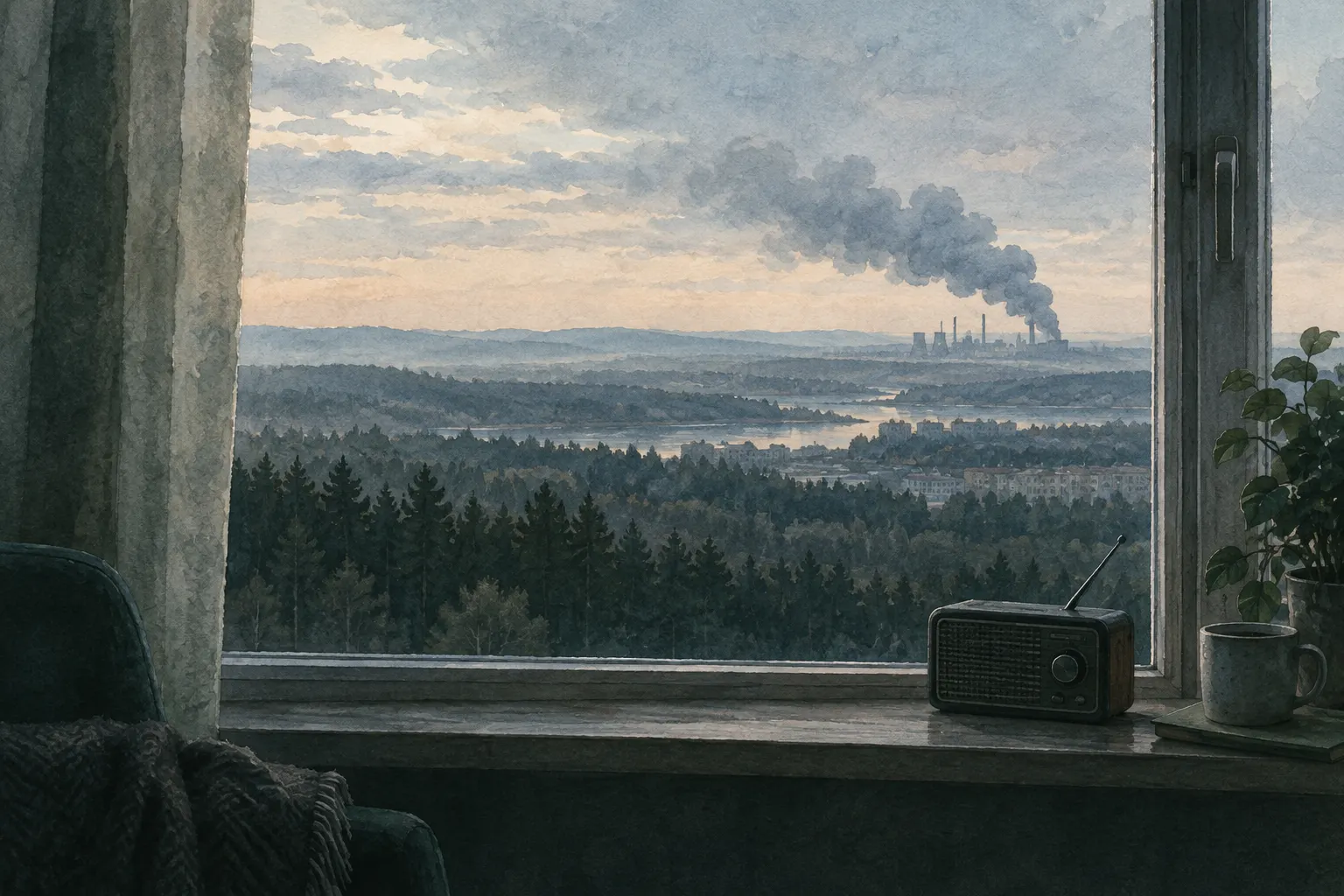 View through a closed window toward a dark smoke cloud over an industrial area