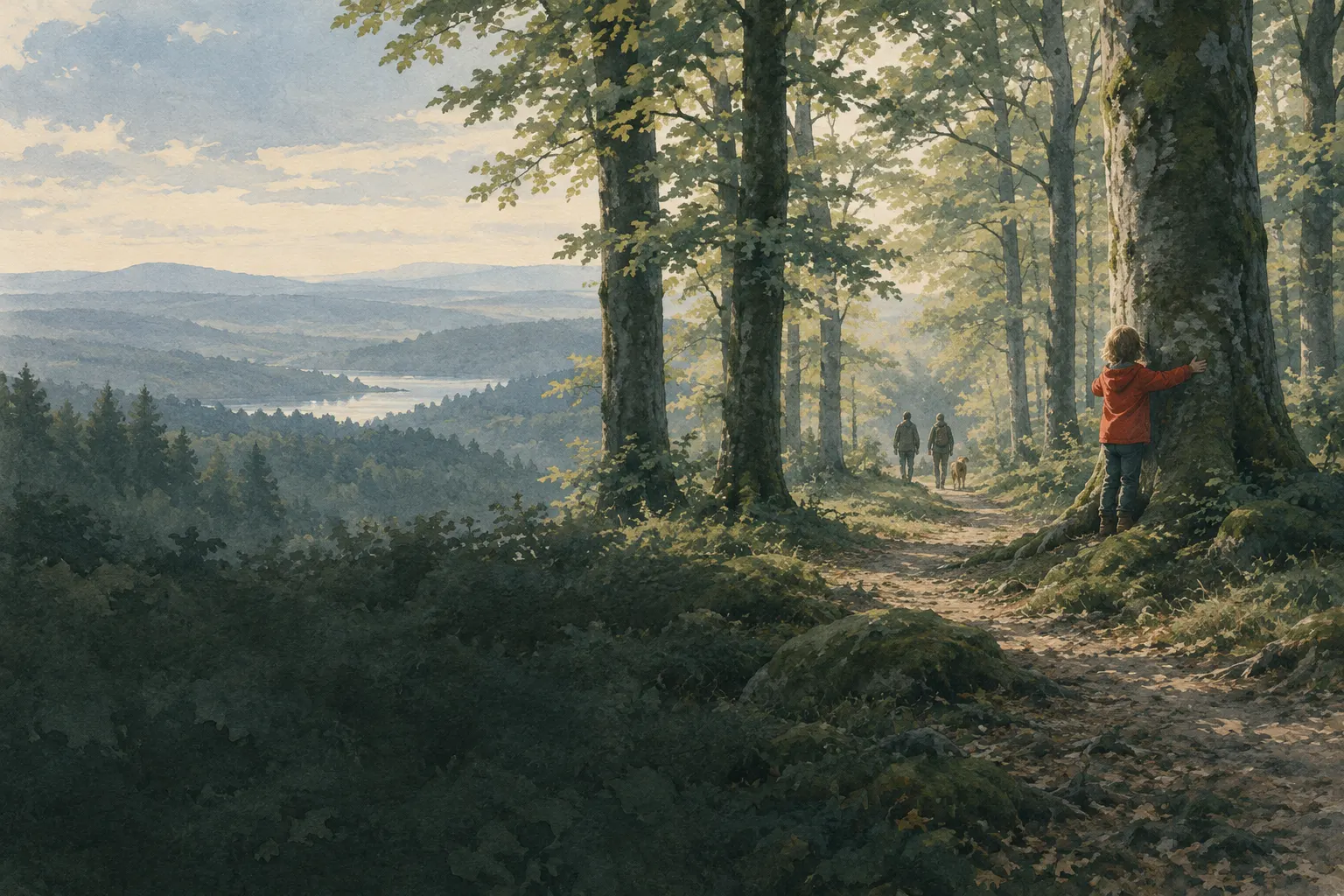 Kind in roter Jacke umarmt im Buchenwald einen Baum, in der Ferne kommen Suchende