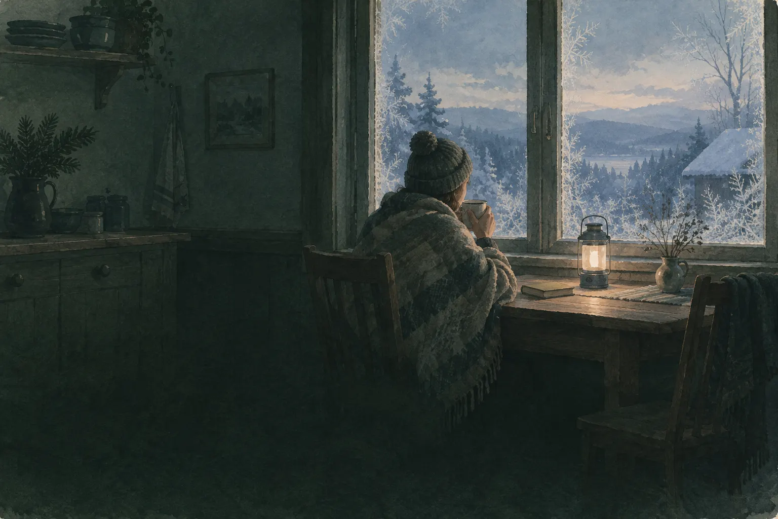 Kalte Wohnung im Winter, Person in Decke mit Tee, Eisblumen am Fenster