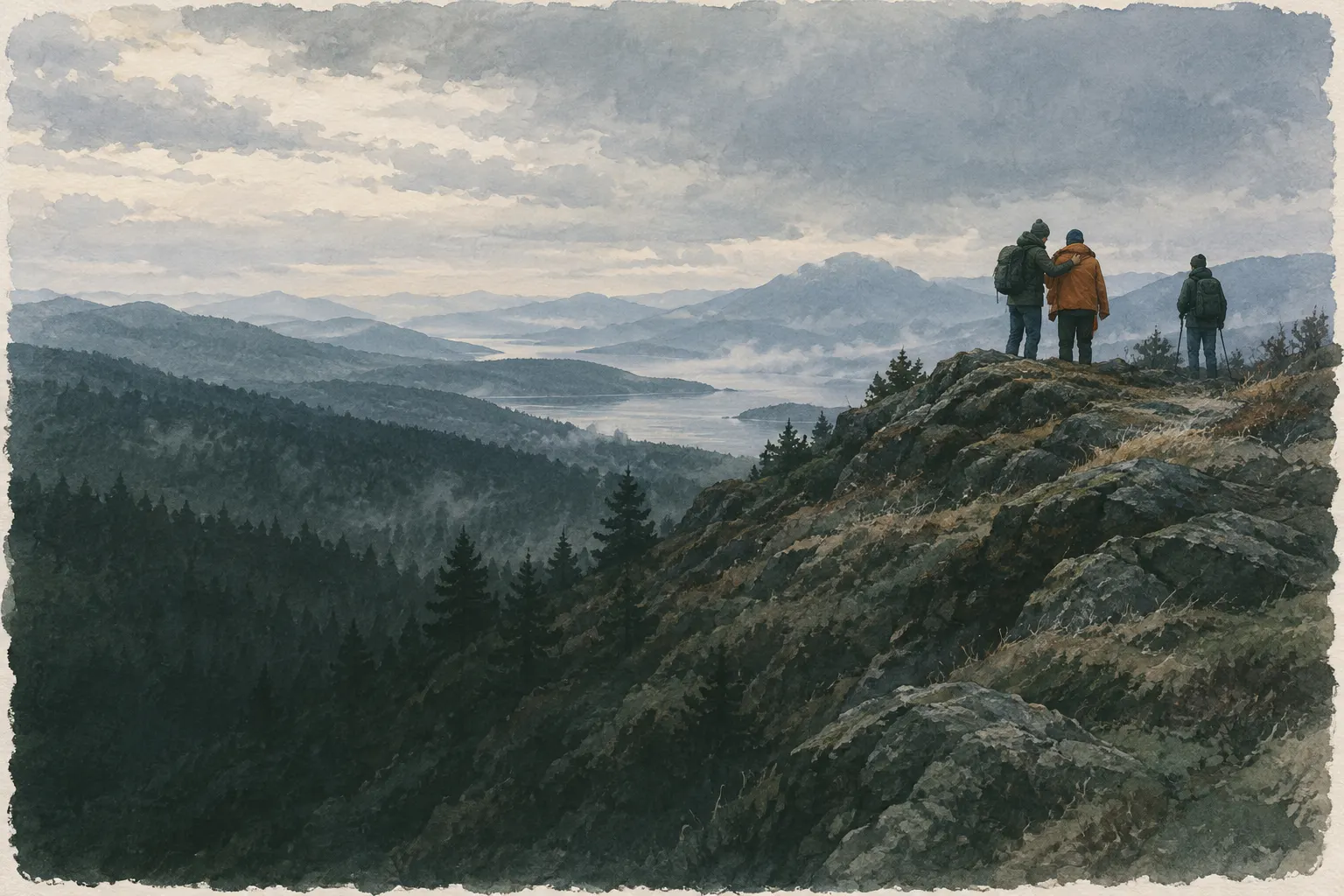 Wandergruppe auf kaltem Bergrücken, jemand bekommt eine zusätzliche Jacke