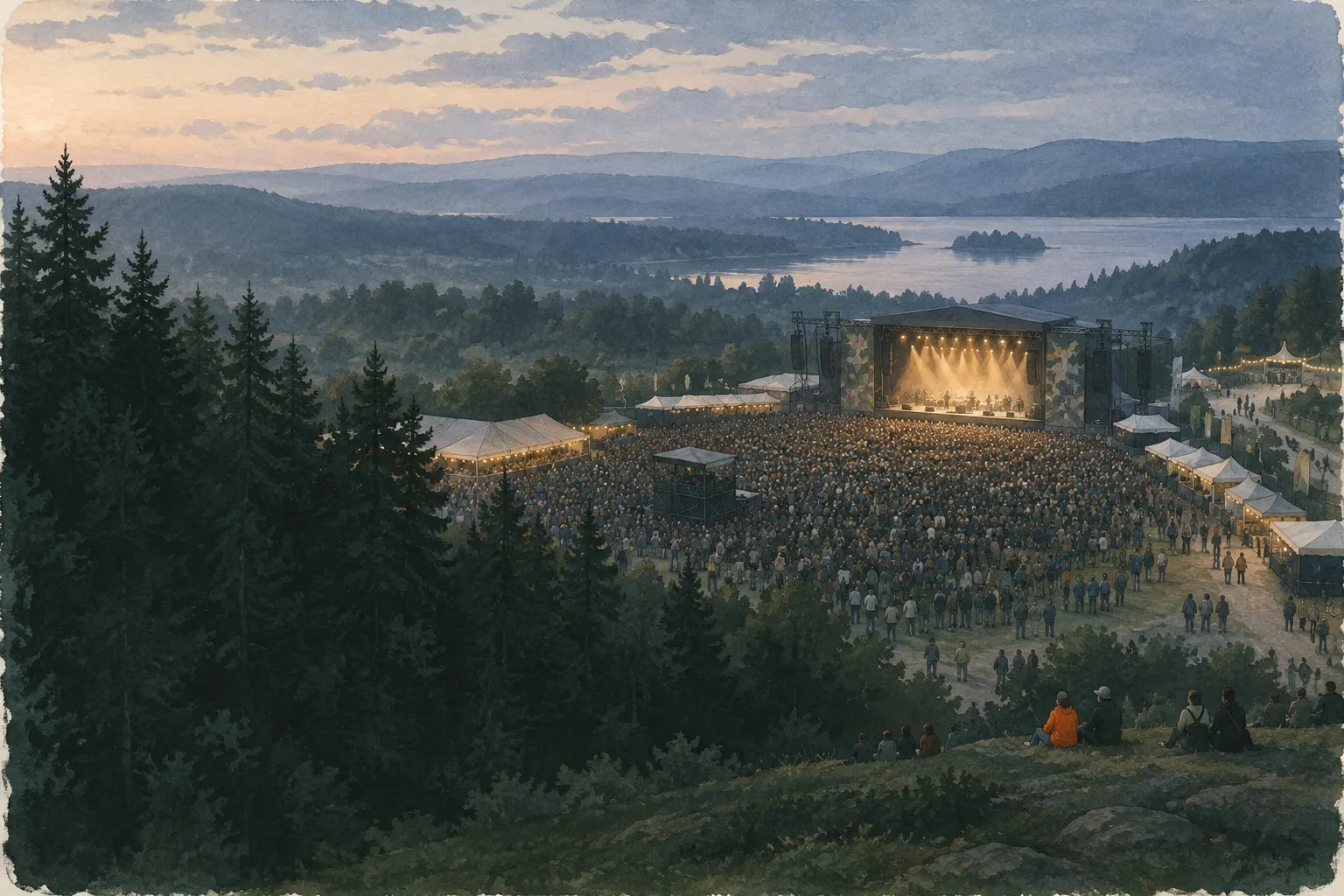 Dichte Menschenmenge vor einer Bühne in der Dämmerung, Ränder und Ausgänge sichtbar