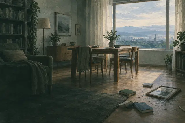 Wohnung nach einem leichten Erdbeben, ein paar heruntergefallene Bücher, stabiler Tisch