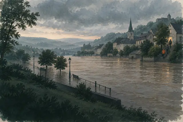 Kleinstadt an einem angeschwollenen Fluss unter grauen Wolken
