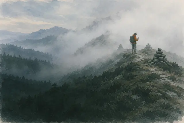 Dichter Nebel auf einem Bergweg, wenige Steinmänner sichtbar