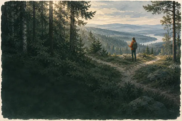 Wanderin von hinten an einer Weggabelung im Wald, späte Nachmittagssonne