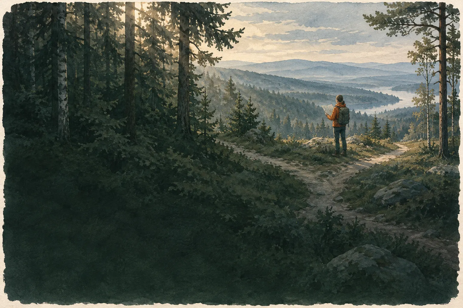 Hiker seen from behind at a fork of forest paths in late afternoon light
