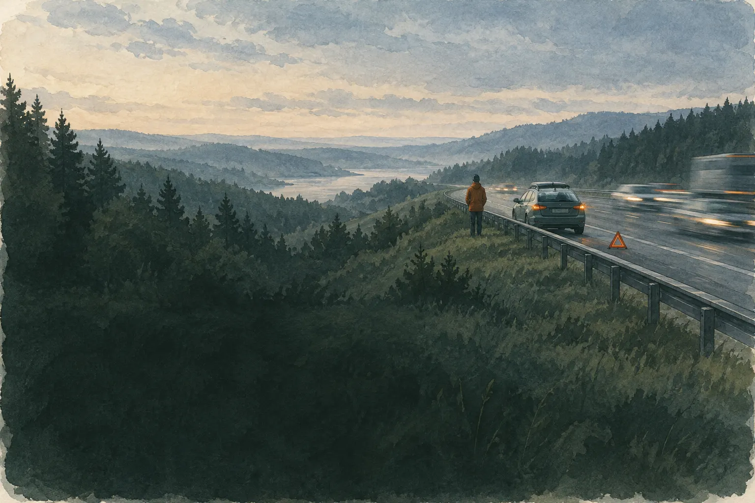 Broken-down car on the hard shoulder, driver waiting behind the barrier