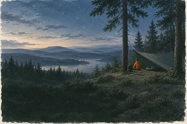 Kleines Tarp-Lager am Waldrand in der Abenddämmerung