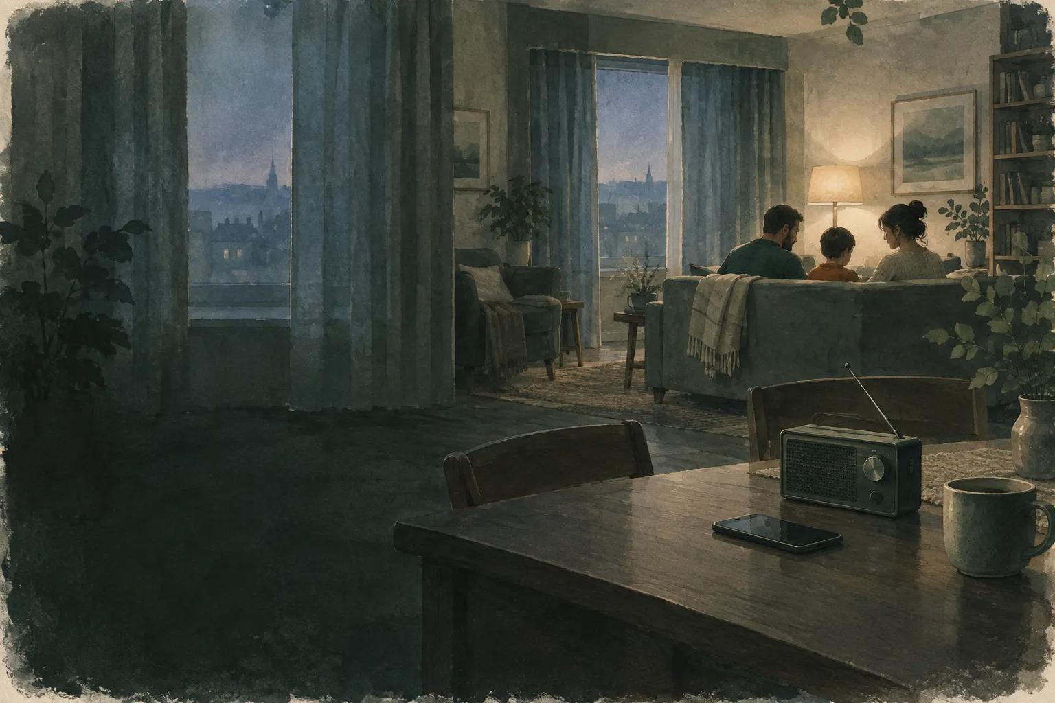 Family inside a flat with windows closed and a radio on the table
