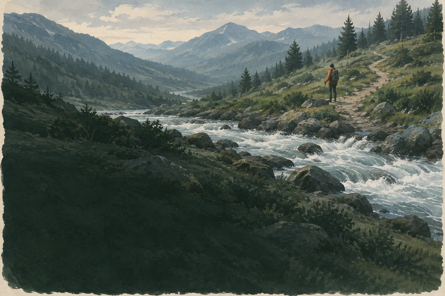Rushing mountain stream crossing a trail, hiker standing well back on the bank