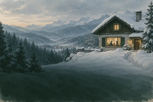 Casa cubierta por una gran nevada, una familia mira por la ventana, a salvo en el interior