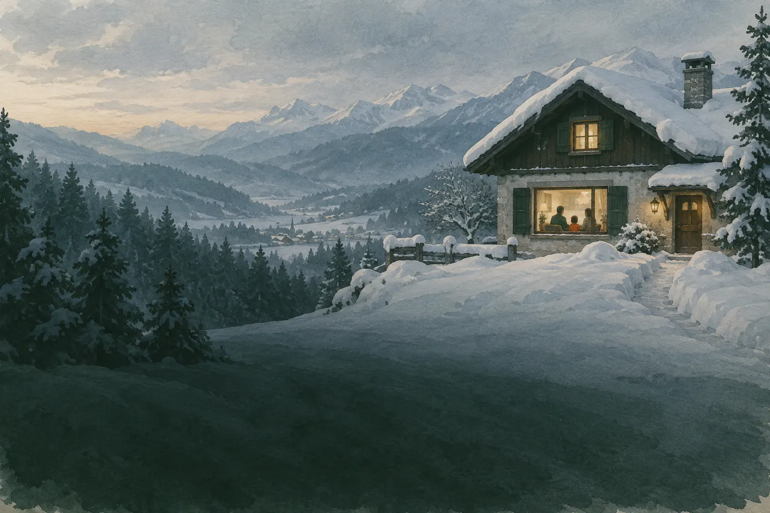 Deeply snowed-in house, a family looking out of the window safely indoors