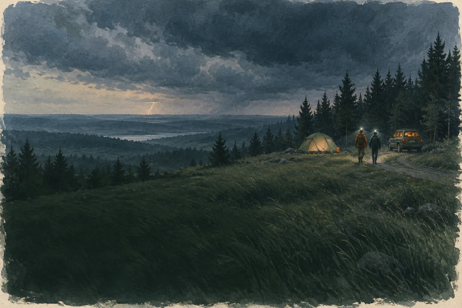 Campsite at a forest edge at night under storm clouds, two people with headlamps walking calmly to the car