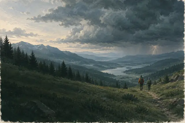 Gewitterwolken über einer Bergwiese, Wanderer steigen ins Tal ab