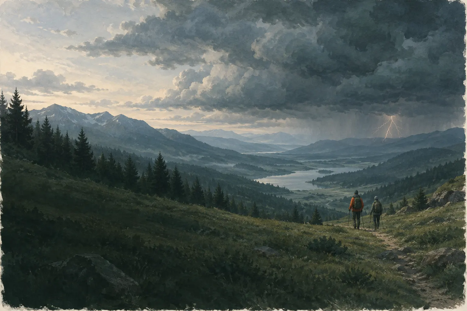 Thunderclouds over a mountain meadow, hikers descending to the valley