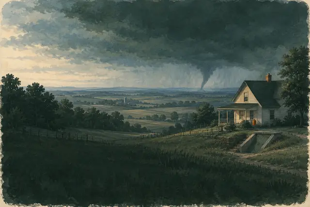 Dunkler Sturmhimmel mit fernem Tornado über Farmland