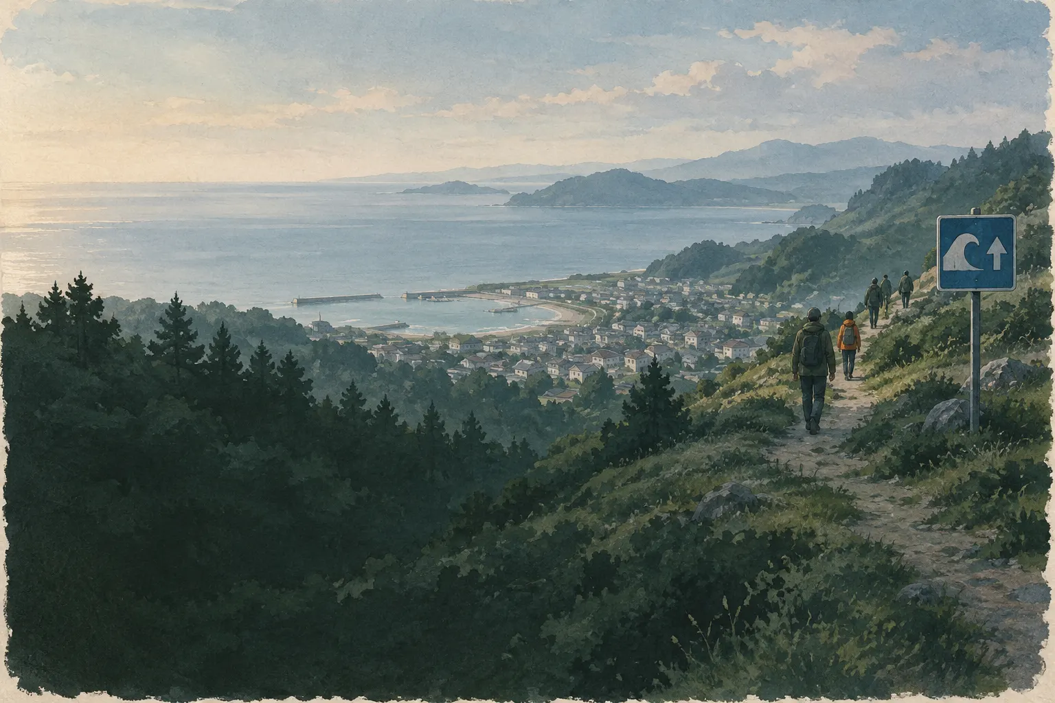 People walking calmly uphill away from the beach, a blue evacuation sign pointing uphill