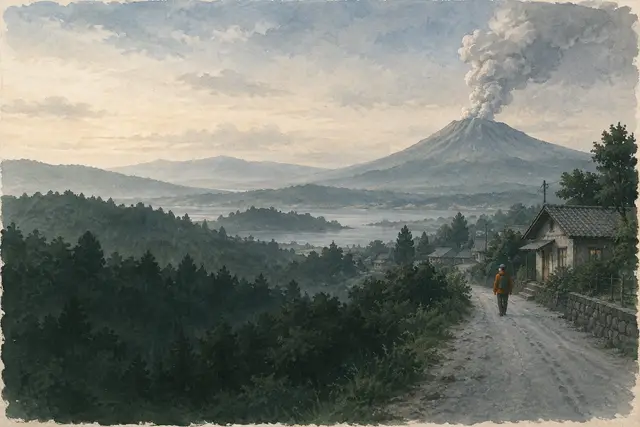Volcán a lo lejos con una columna de ceniza, una persona con mascarilla camina por la carretera de un pueblo cubierta de ceniza