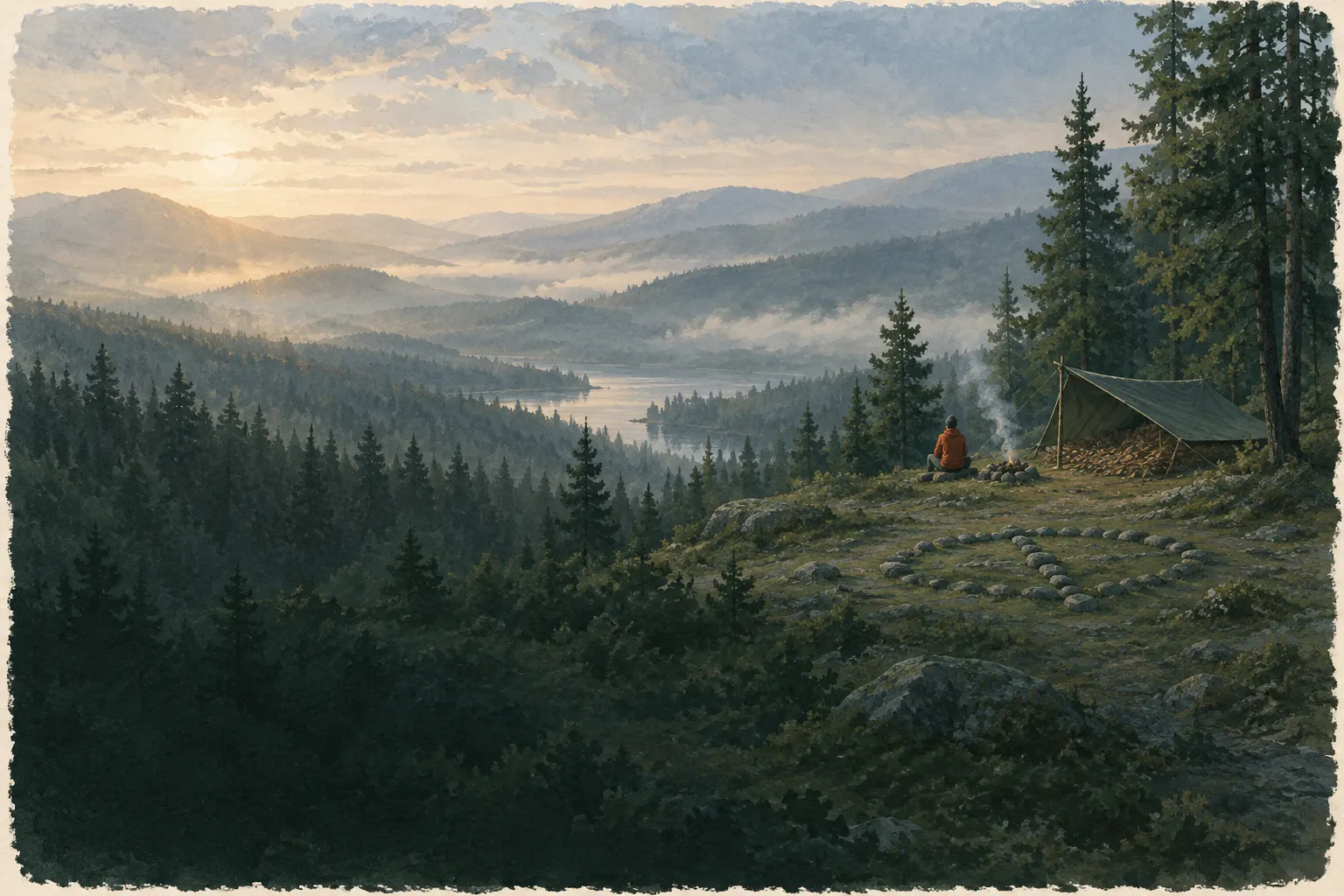 Kleines Tarp-Lager auf einer Waldlichtung im Morgennebel, Steinzeichen am Boden, Person sitzt ruhig daneben