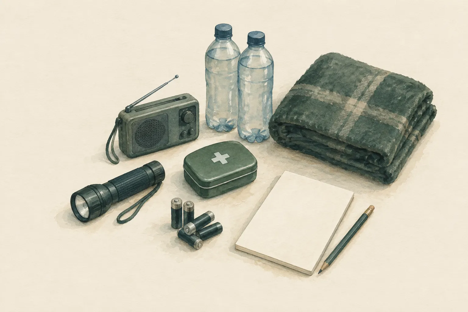 KI-Bild: ein Küchentisch mit Checkliste, Taschenlampe, Radio, Wasser und Erste-Hilfe-Dose
