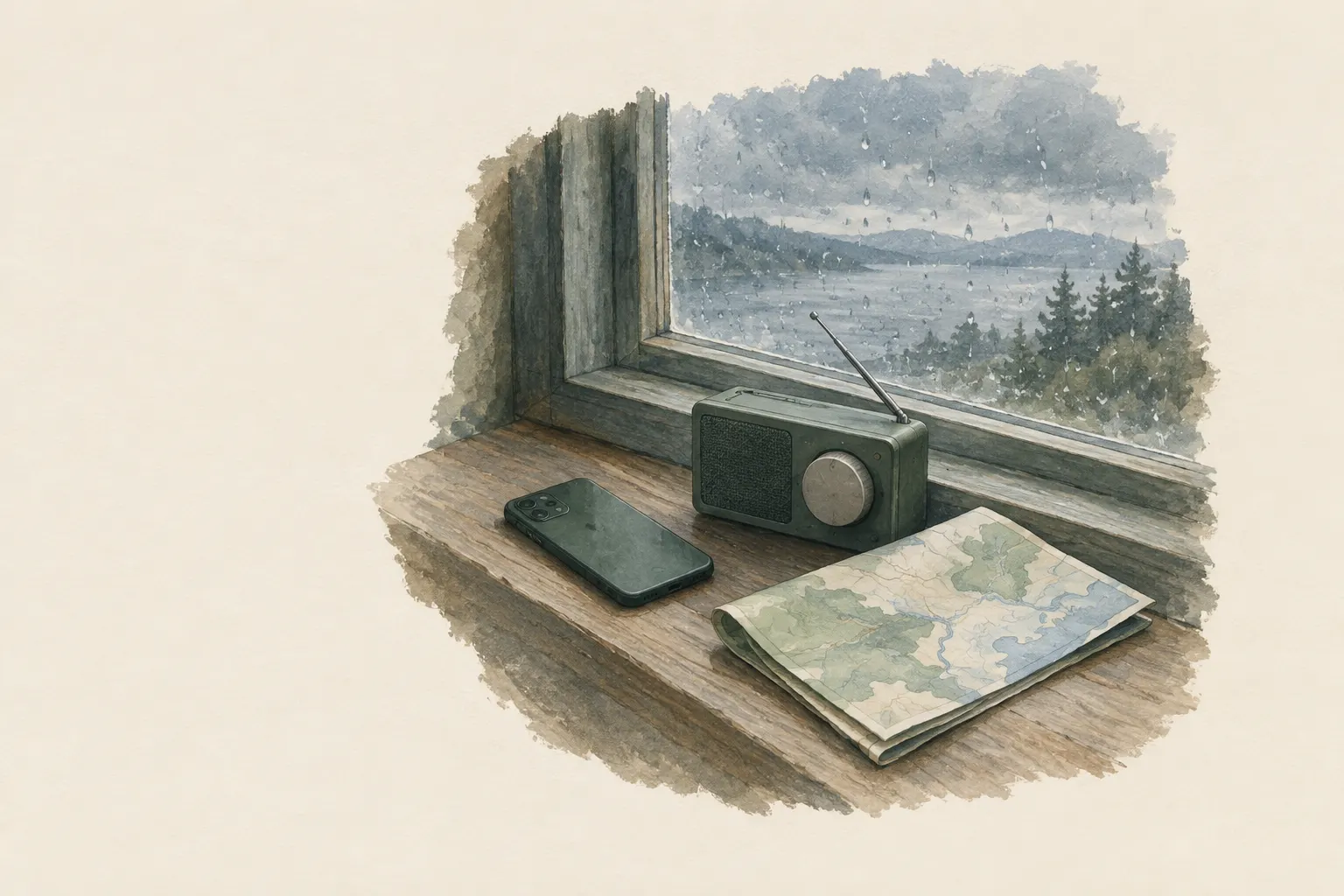 KI-Bild: ein Handy, ein kleines Radio und eine gefaltete Karte auf dem Fensterbrett, draußen Regenwolken