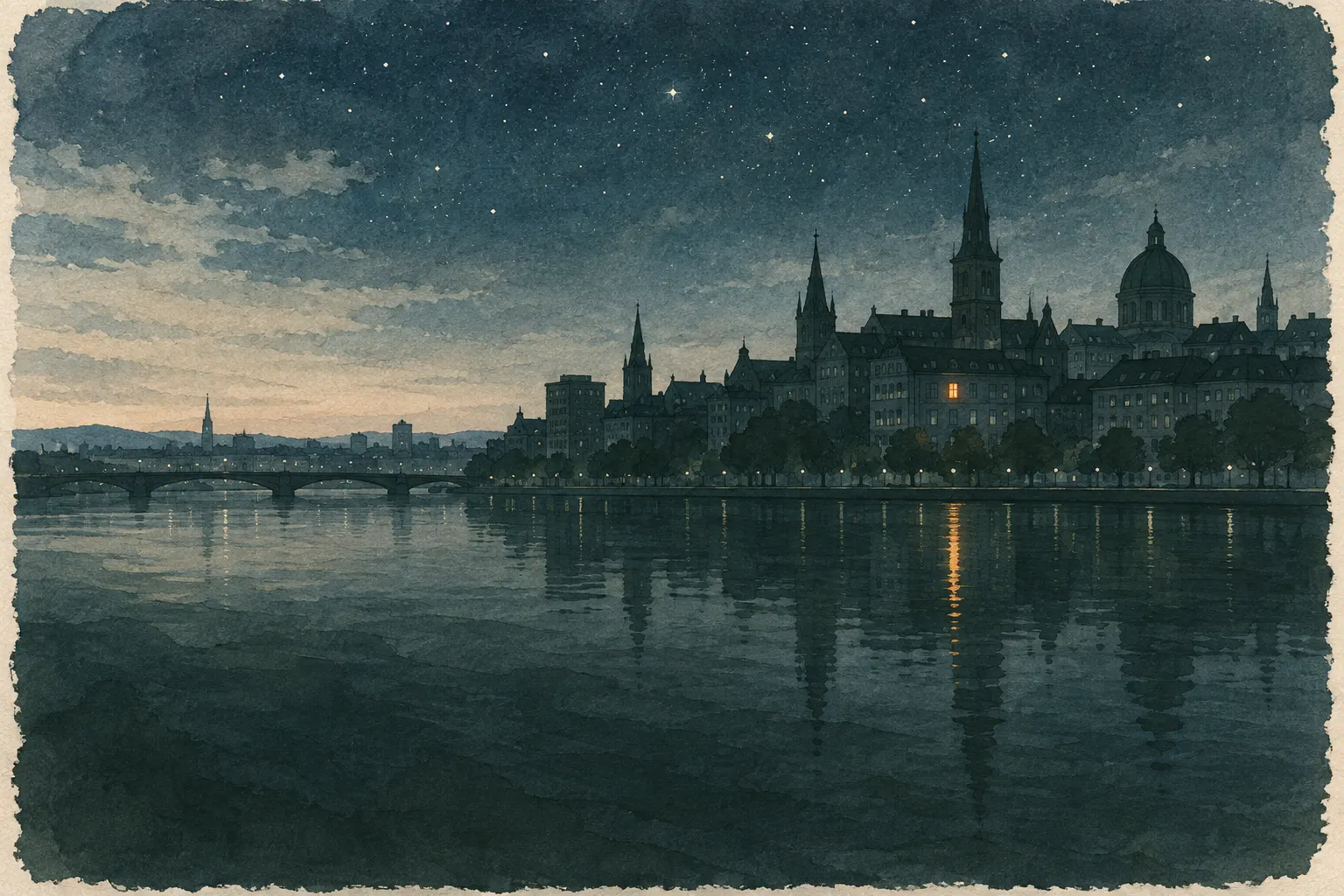 Dunkle Stadt bei Nacht, ein Fenster leuchtet von einer Laterne