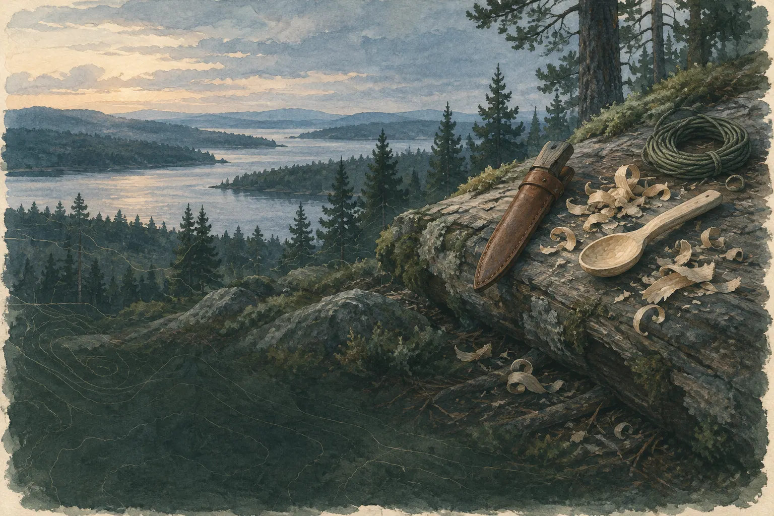 Schnitzmesser, Holzspäne und ein geschnitzter Löffel auf einem Baumstamm