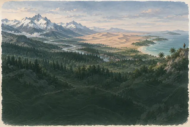 Panorama von Schneebergen über Wald und Wüste bis zur Küste