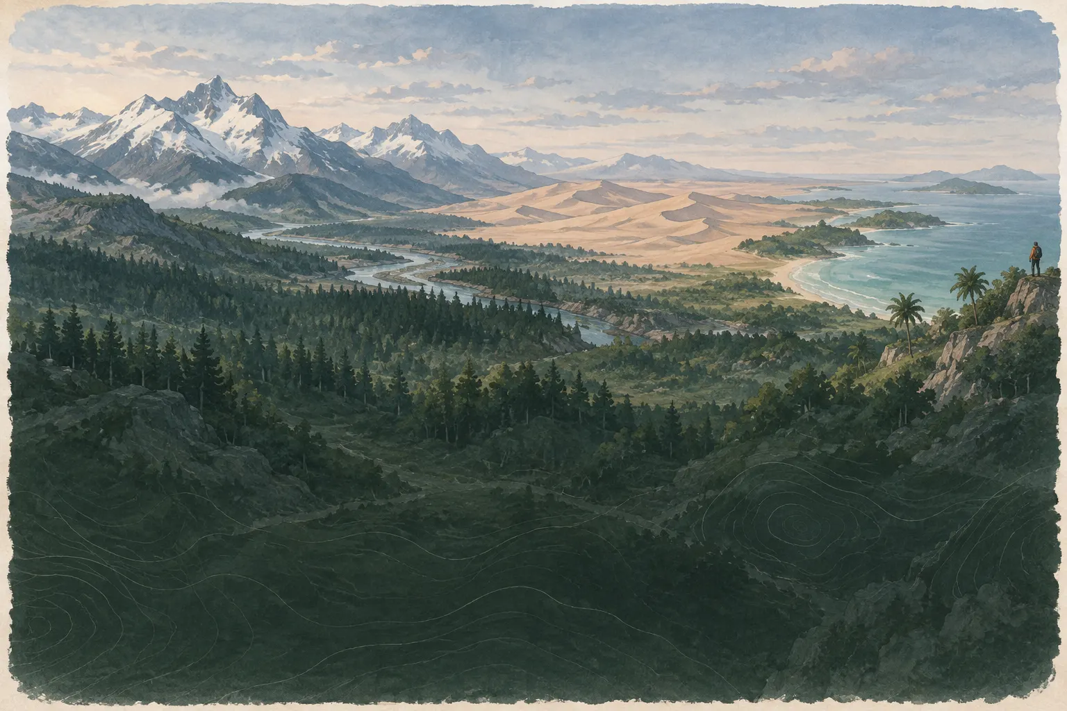 Panorama von Schneebergen über Wald und Wüste bis zur Küste