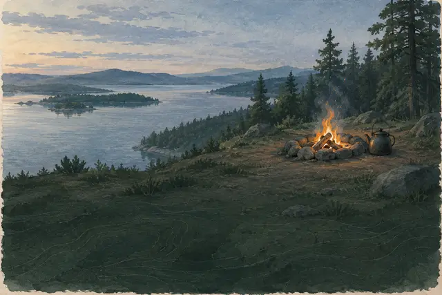 Kleines Lagerfeuer im Steinring in der Abenddämmerung
