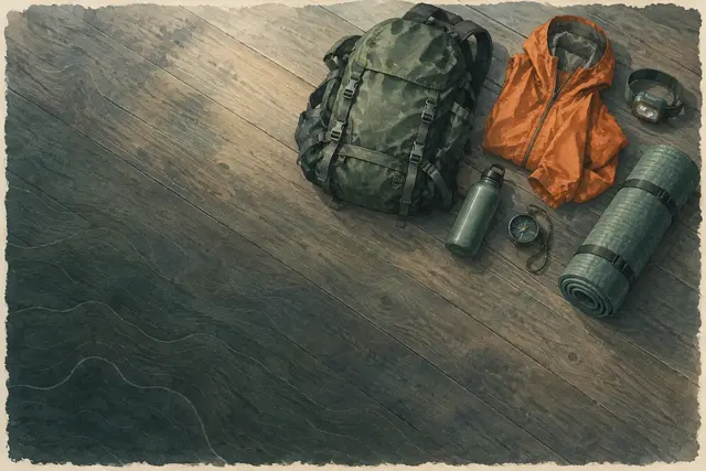 Ordentlich ausgelegte Outdoor-Ausrüstung von oben