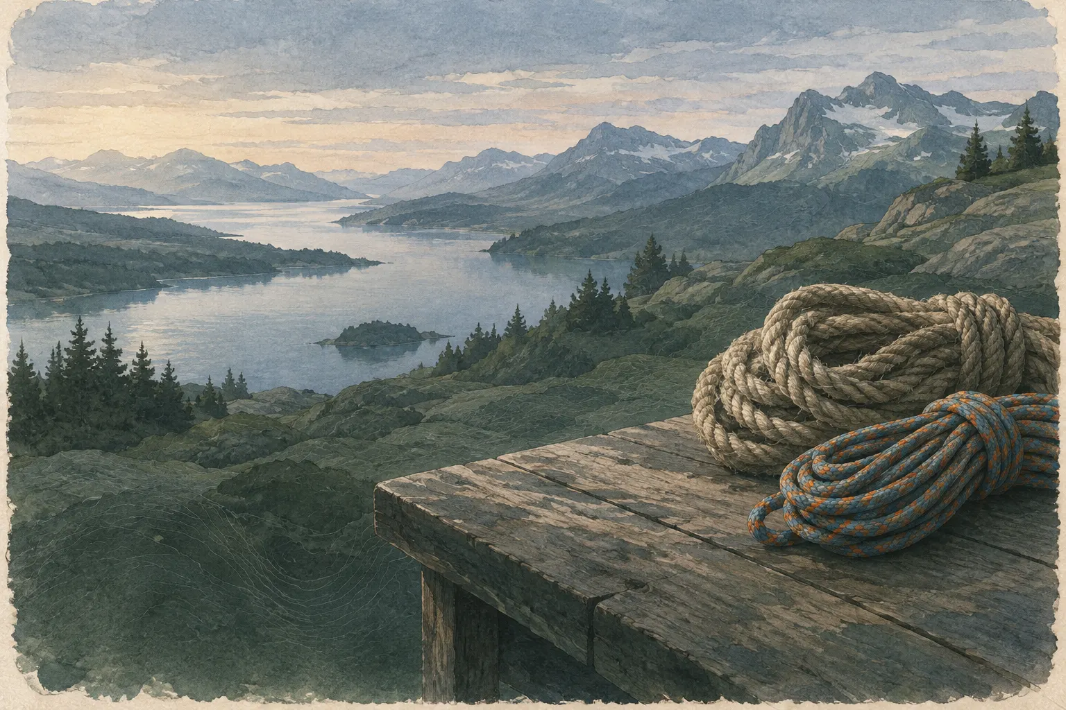 Seilrollen auf einem alten Holztisch